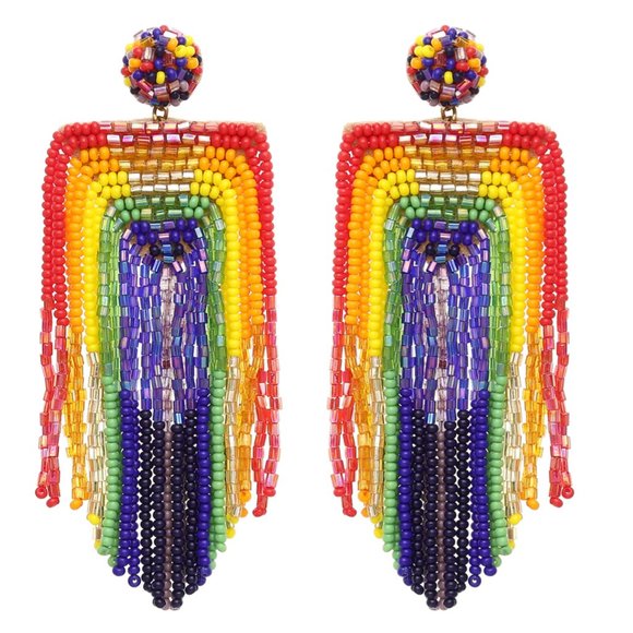 Rainbow Statement Earrings Deepa Gurnani Anthropologie Beaded Fringe NWT - Picture 9 of 13